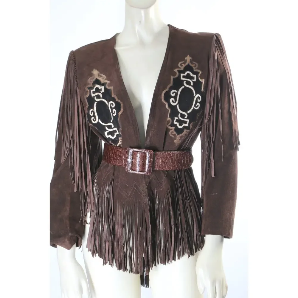 Vintage Brown Suede Fringe Western Jacket XS Boho Embroidered Statement Piece - Picture 15 of 16